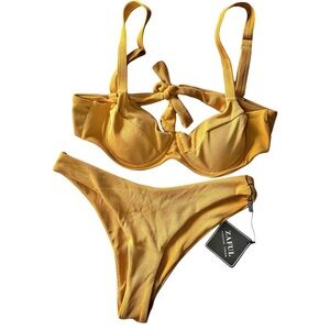 Zaful Ribbed Mustard Yellow Underwire High Cut Bikini w/ Adjustable Straps US 6